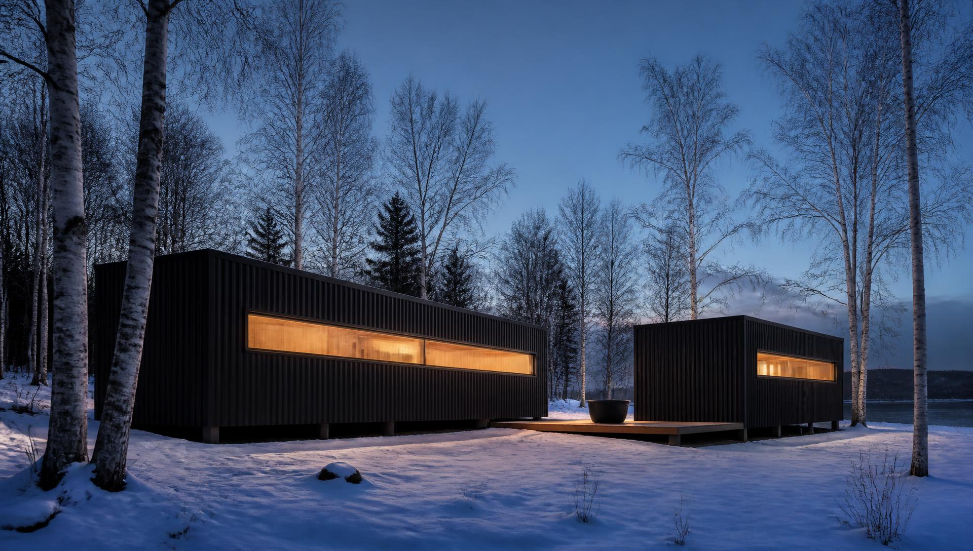 Homebase Compound at blue hour — a 40 ft training module and a 20 ft recovery module joined by a covered cedar deck with a freestanding cold plunge, on a snow-covered Northeast property