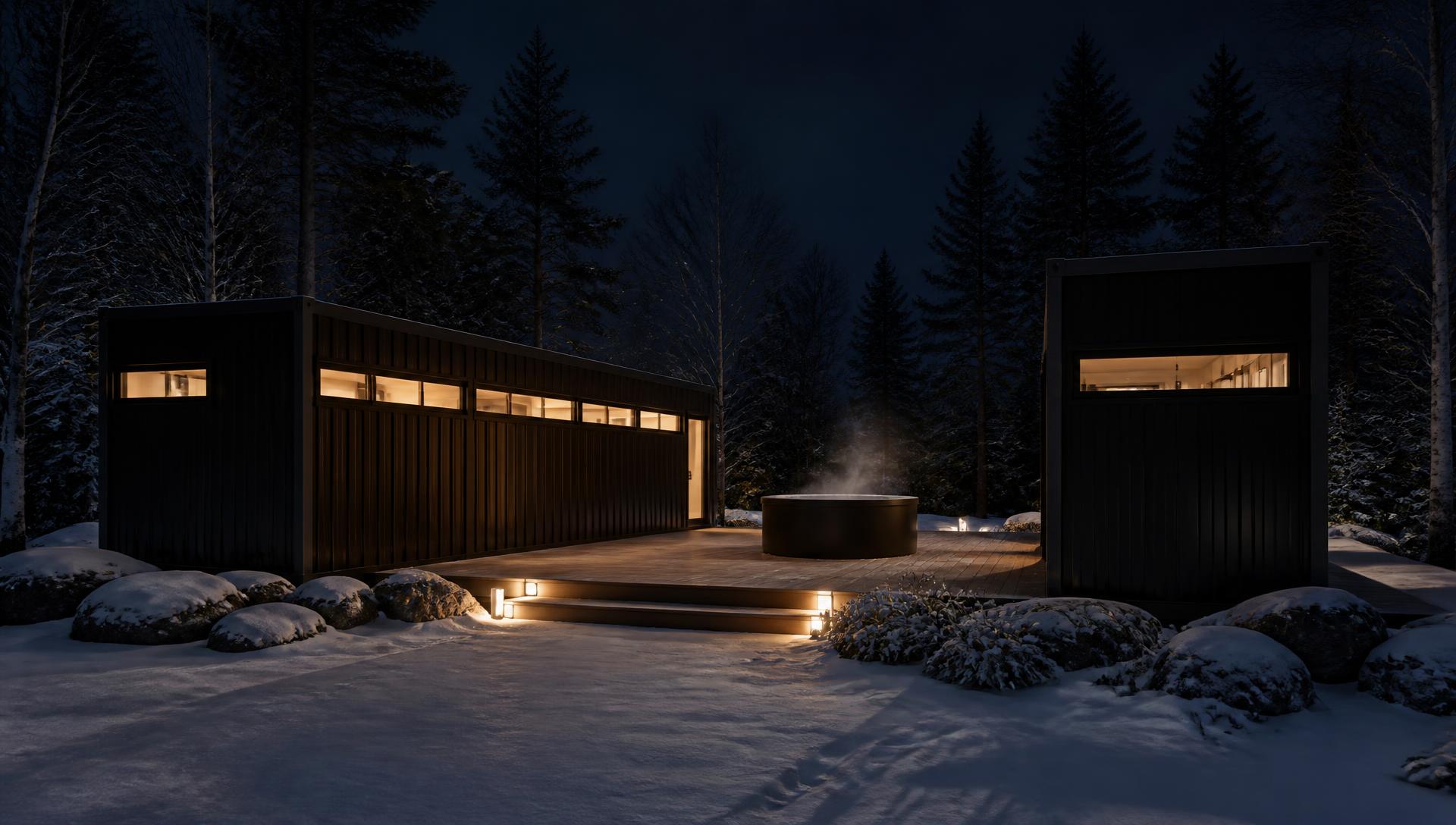 The Compound at night with warm interior light and steam rising from the freestanding deck-top cold plunge
