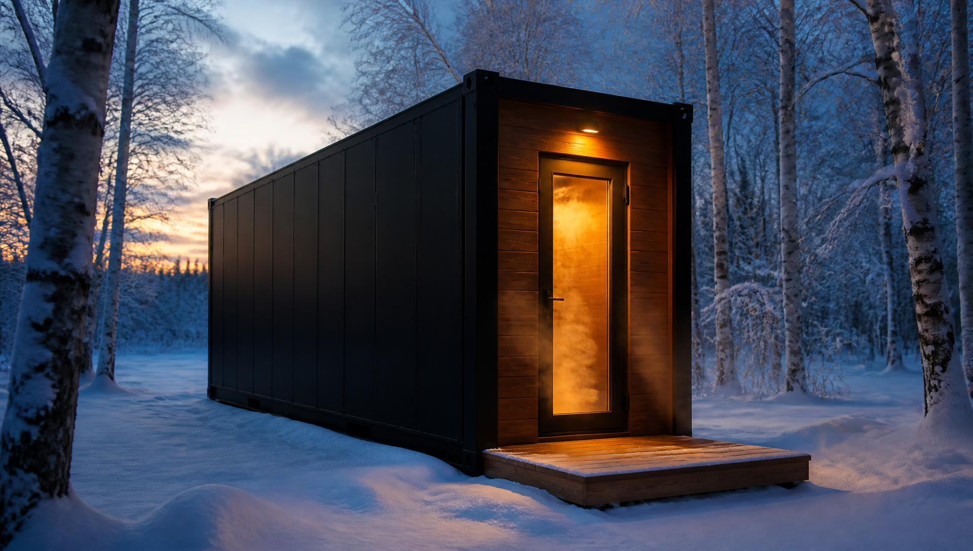 RECOVER 20 cedar-clad module in deep snow with steam at the door