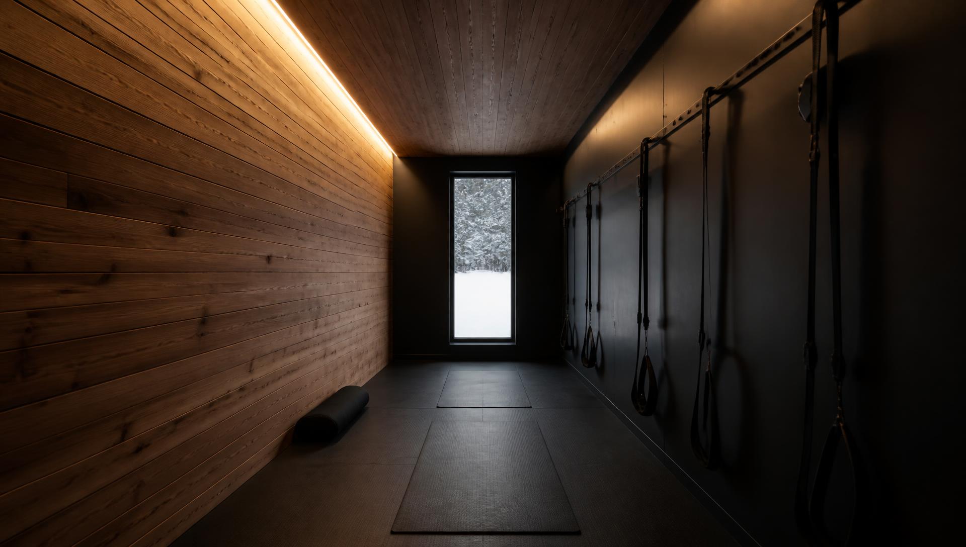 The stretch, yoga and mobility area inside RECOVER 40 — cedar wall, dark mats, warm low light
