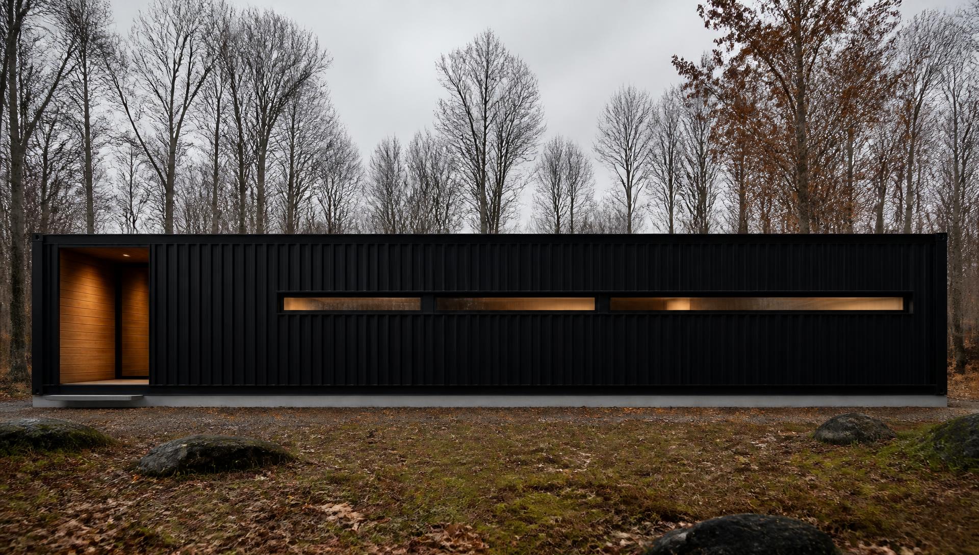 TRAIN 40 matte-black steel module sited on an autumn Northeast property