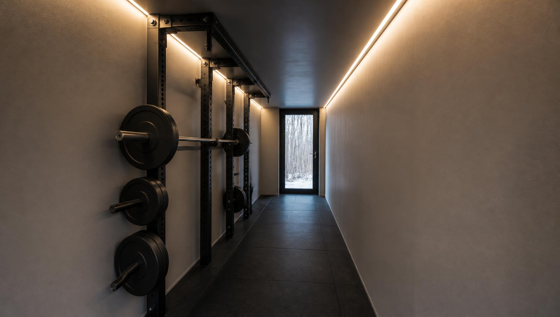 TRAIN 40 interior — power rack, platform and open floor under warm light